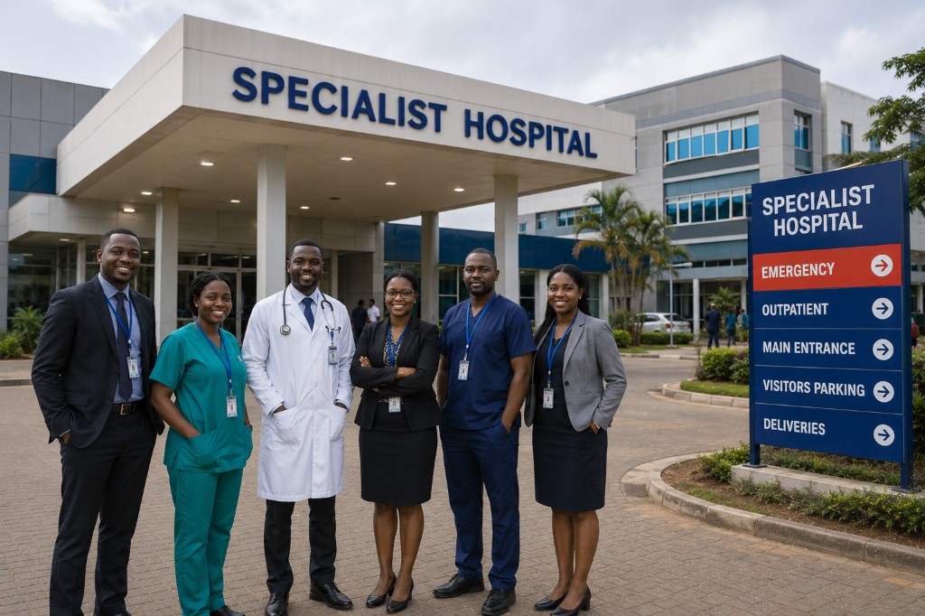 Healthcare team in front of Specialist Hospital