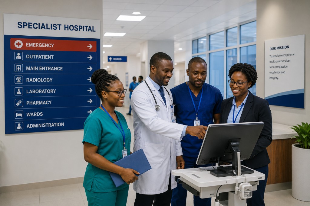 Medical staff collaborating around a workstation in a hospital corridor