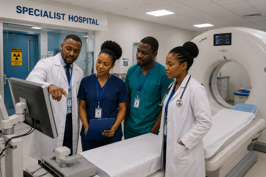Clinical team reviewing imaging data near radiology equipment