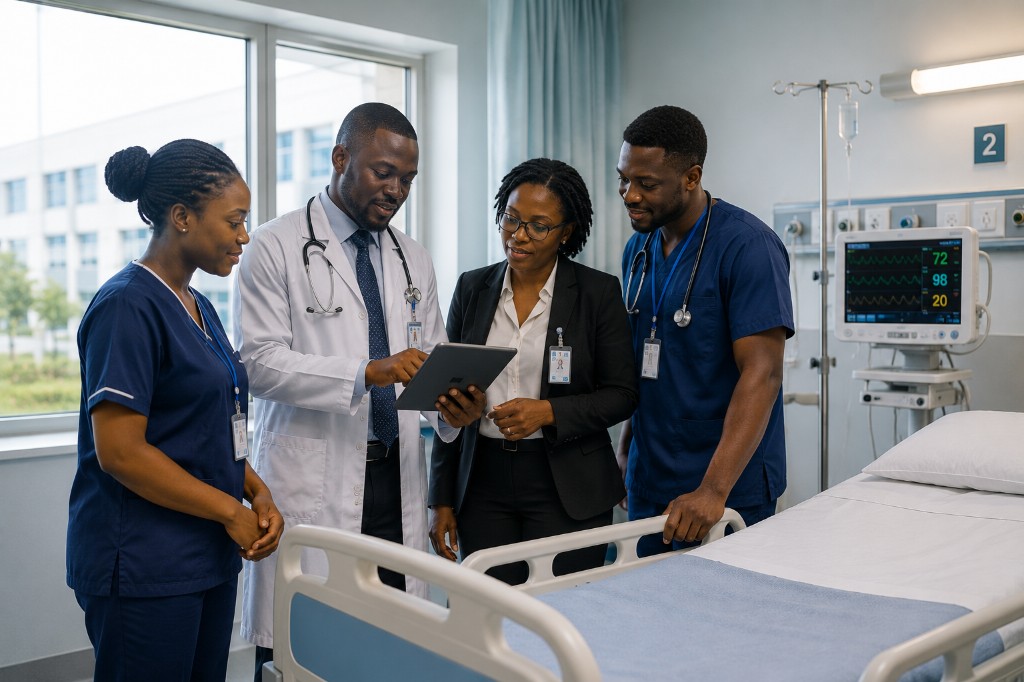 Healthcare professionals using a tablet at a patient bedside